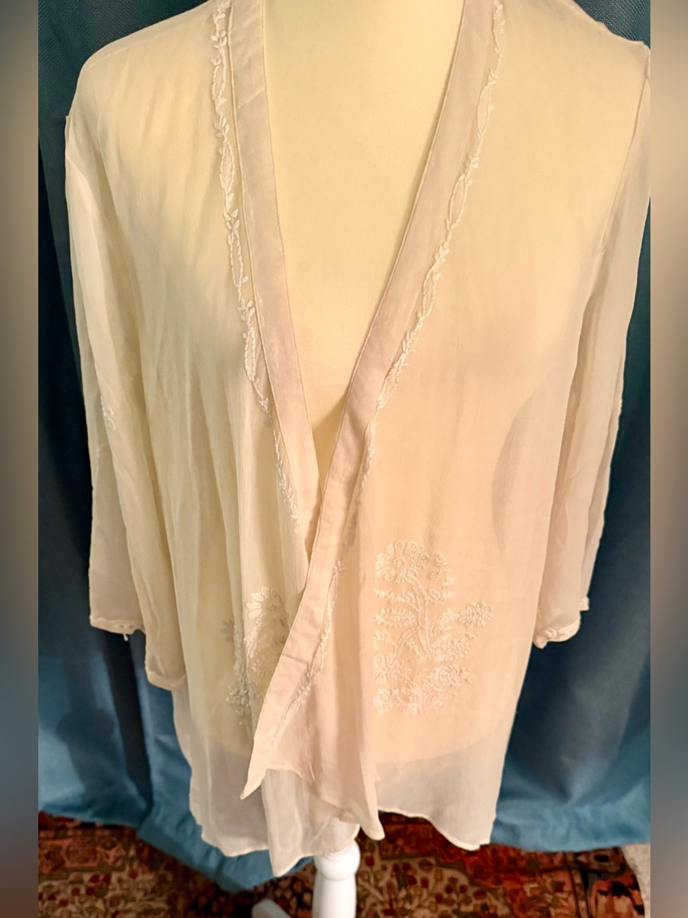J. Peterman Silk Ivory Sheer Embroidered Kimono Top NWOT